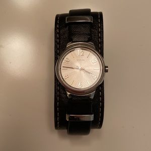 Guess Ladies Stainless Steel & Leather Cuff Watch